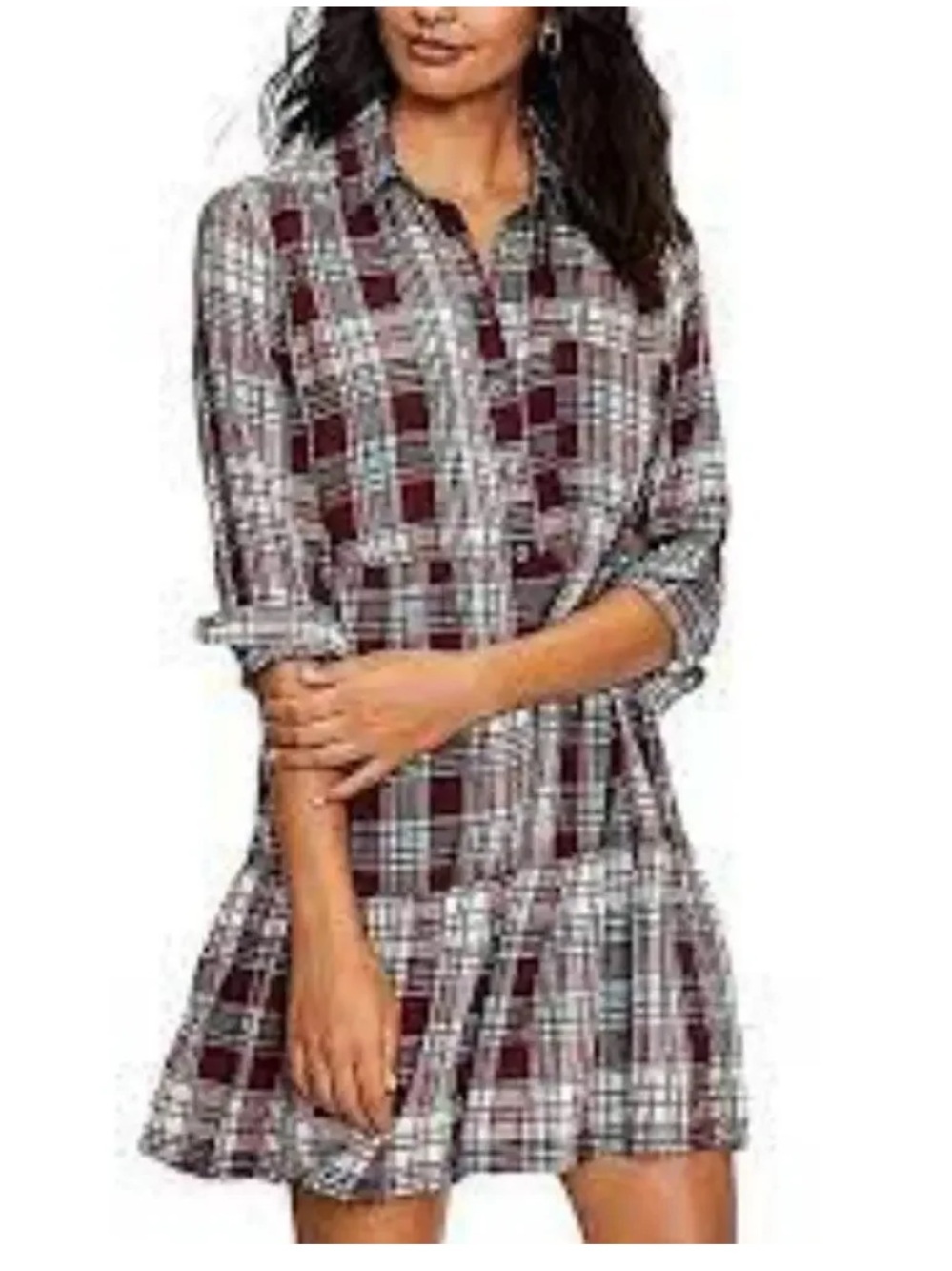 NWT LOFT Long Sleeve Tiered Plaid Mini Dress Women’s SZ PXS in Burgundy Multi‎